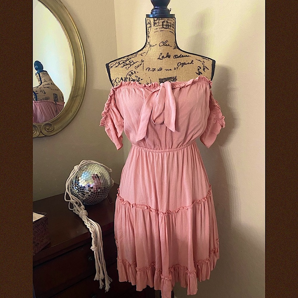 off the shoulder blush pink dress; smooth material; worn once (original $: $25)